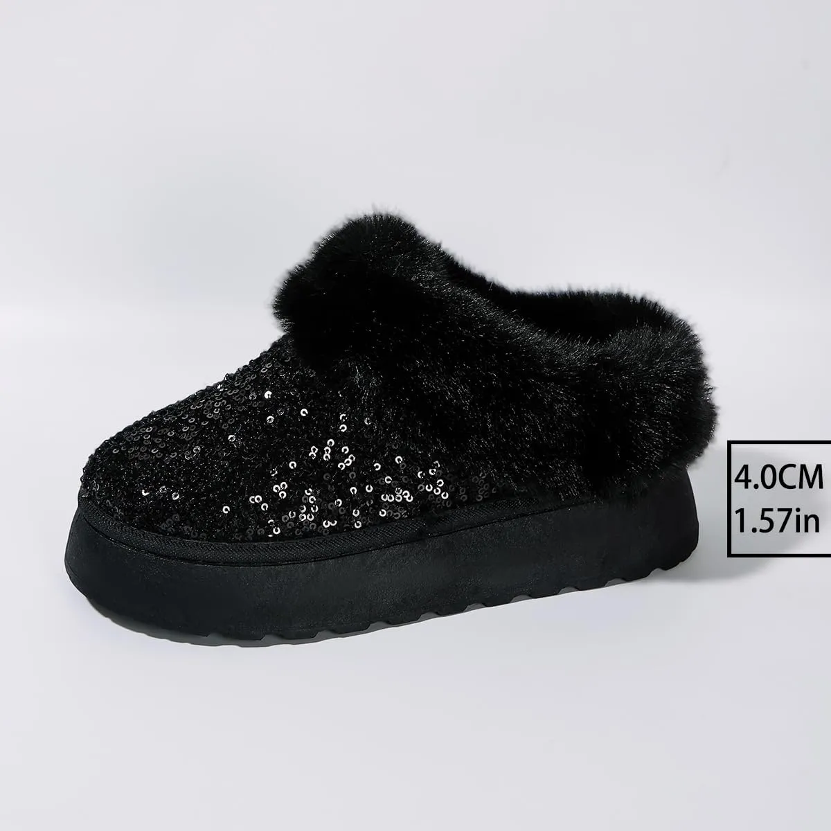 Women's Platform Flat Boots Glitter Sequin Fuzzy Slippers Warm Winter Snow Boots Indoor And Outdoor Comfy Warm