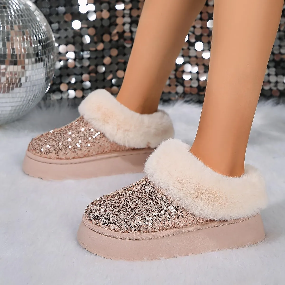 Women's Platform Flat Boots Glitter Sequin Fuzzy Slippers Warm Winter Snow Boots Indoor And Outdoor Comfy Warm