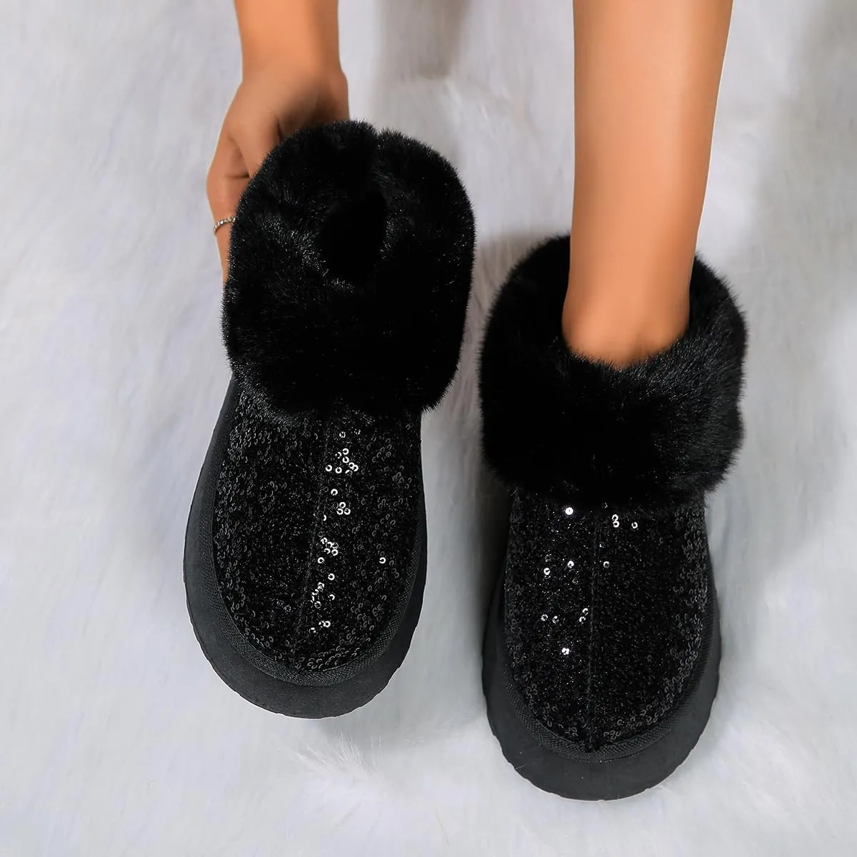Women's Platform Flat Boots Glitter Sequin Fuzzy Slippers Warm Winter Snow Boots Indoor And Outdoor Comfy Warm