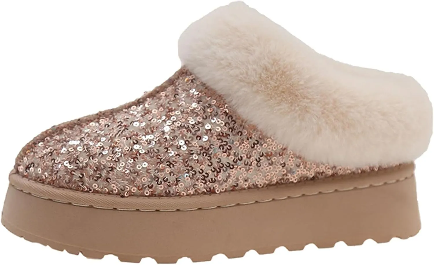 Women's Platform Glitter Sequin Flat Slippers Fuzzy Fluffy Lined Slippers Warm Winter Snow Boots Indoor Outdoor