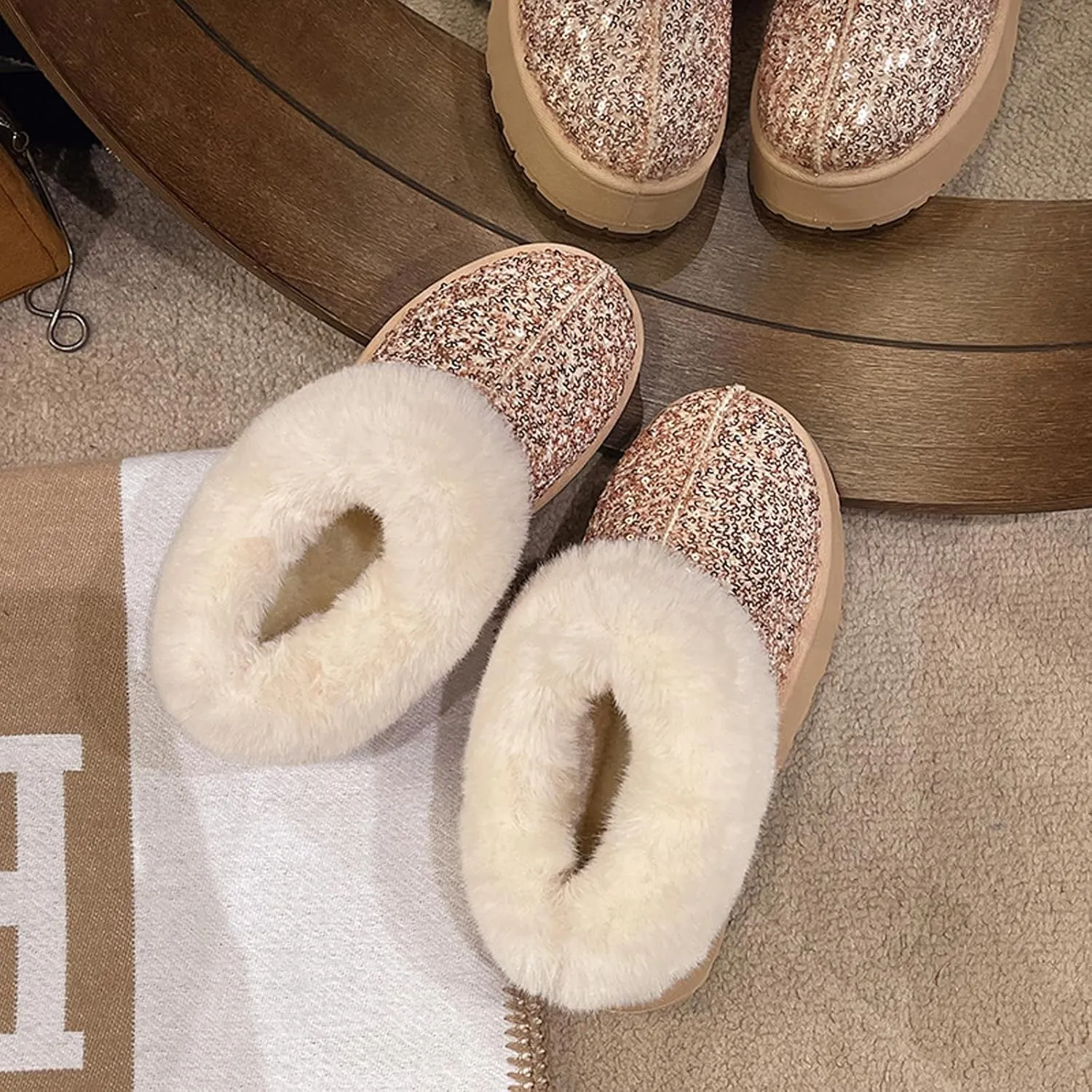 Women's Platform Glitter Sequin Flat Slippers Fuzzy Fluffy Lined Slippers Warm Winter Snow Boots Indoor Outdoor