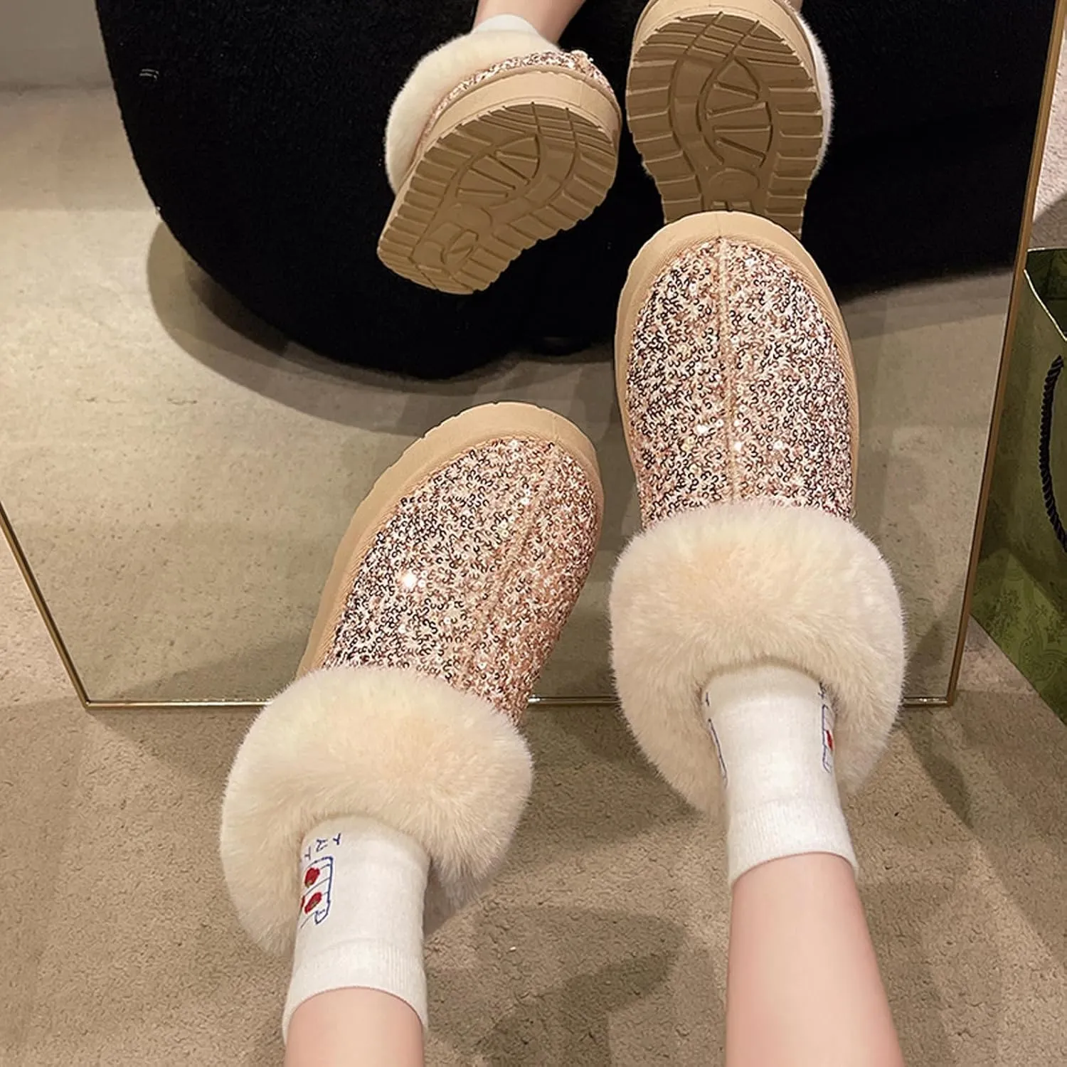 Women's Platform Glitter Sequin Flat Slippers Fuzzy Fluffy Lined Slippers Warm Winter Snow Boots Indoor Outdoor