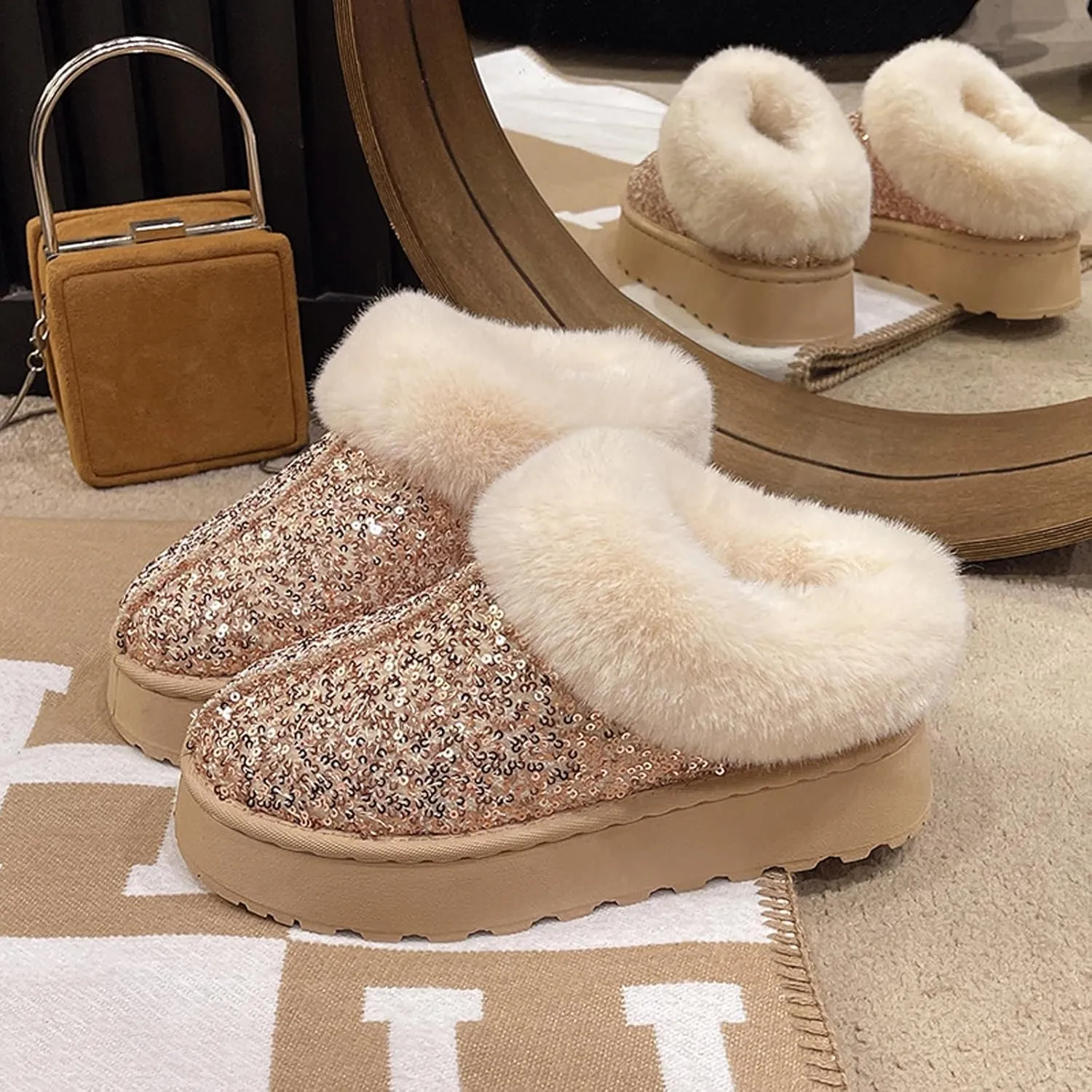 Women's Platform Glitter Sequin Flat Slippers Fuzzy Fluffy Lined Slippers Warm Winter Snow Boots Indoor Outdoor