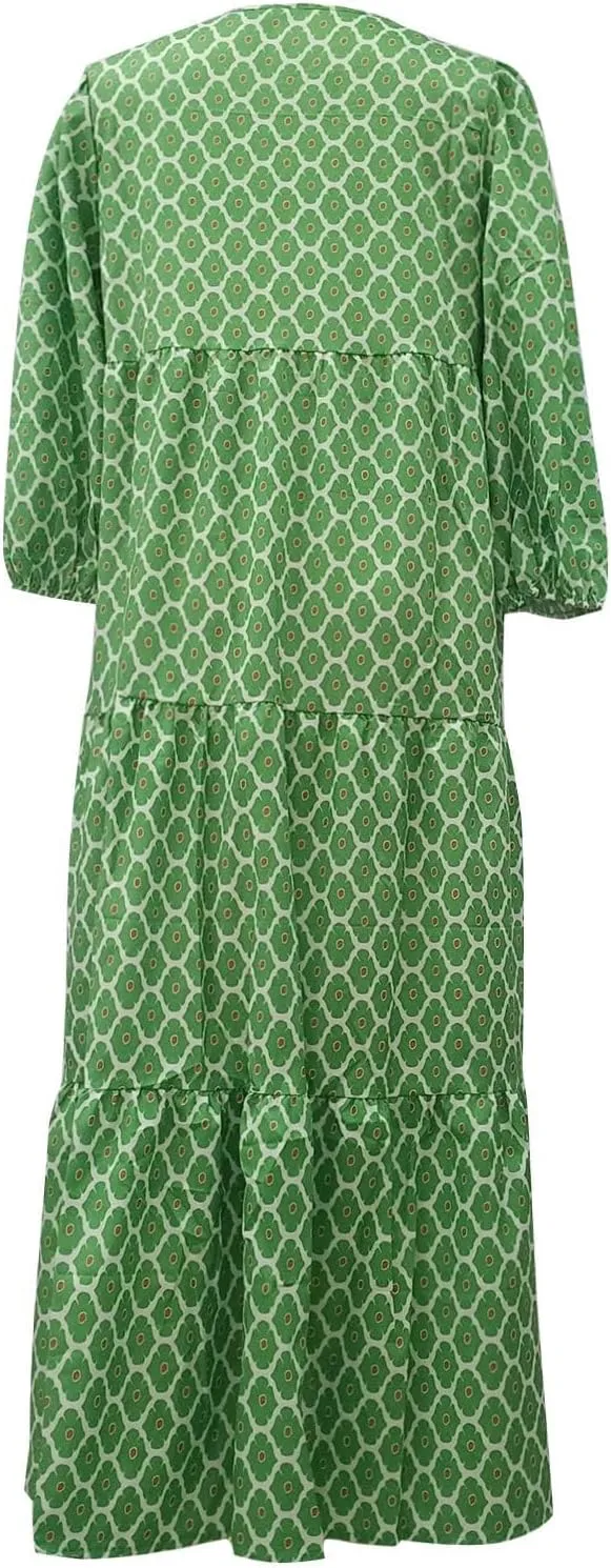 Women's Plus Size Floral Dress Printed Puffy Sleeve V-Neck Bohemian Beach Dresses Casual Flowing Sundress Maxi Dress
