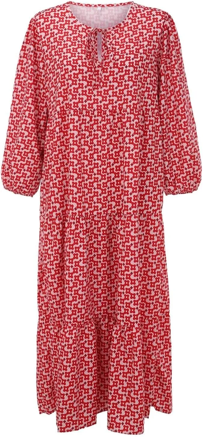 Women's Plus Size Floral Dress Printed Puffy Sleeve V-Neck Bohemian Beach Dresses Casual Flowing Sundress Maxi Dress