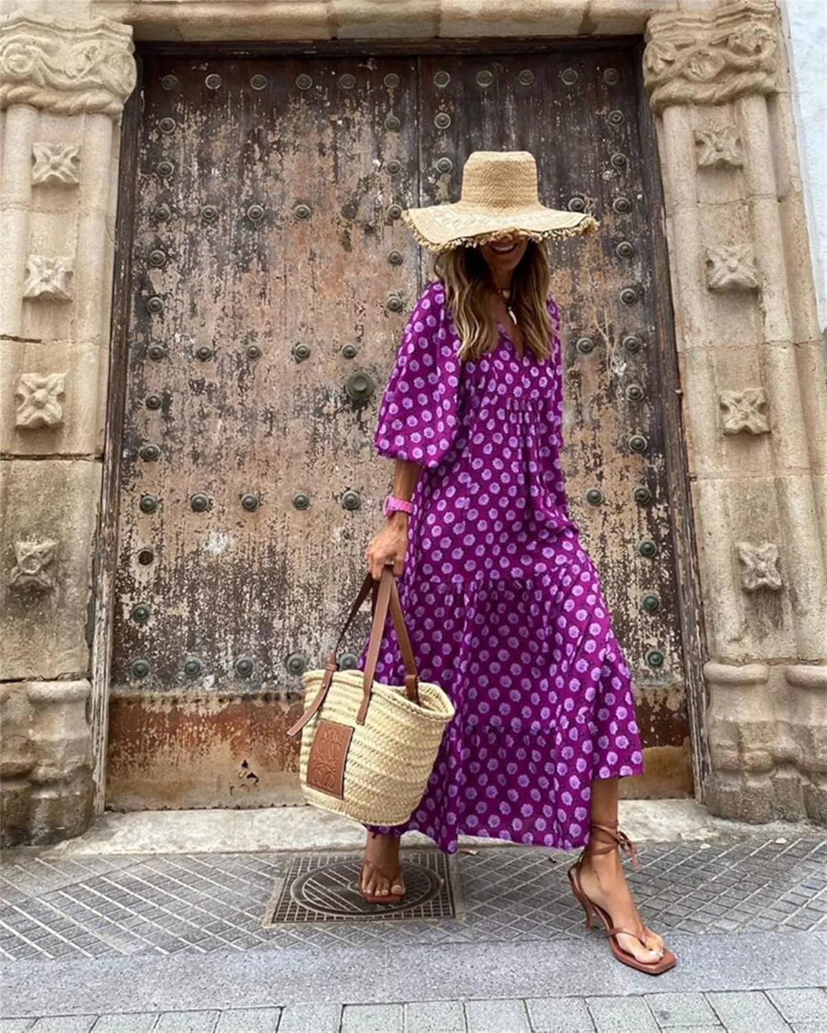 Women's Plus Size Floral Dress Printed Puffy Sleeve V-Neck Bohemian Beach Dresses Casual Flowing Sundress Maxi Dress