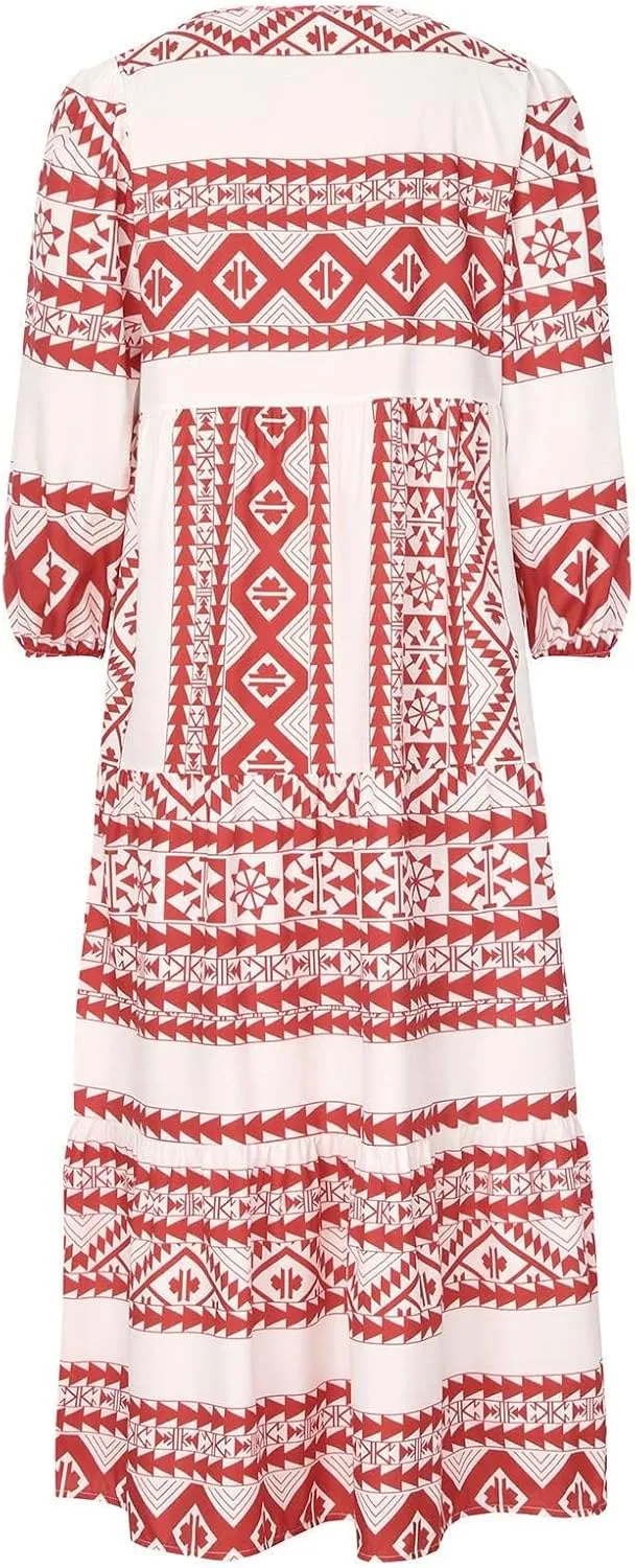 Women's Plus Size Floral Dress Printed Puffy Sleeve V-Neck Bohemian Beach Dresses Casual Flowing Sundress Maxi Dress
