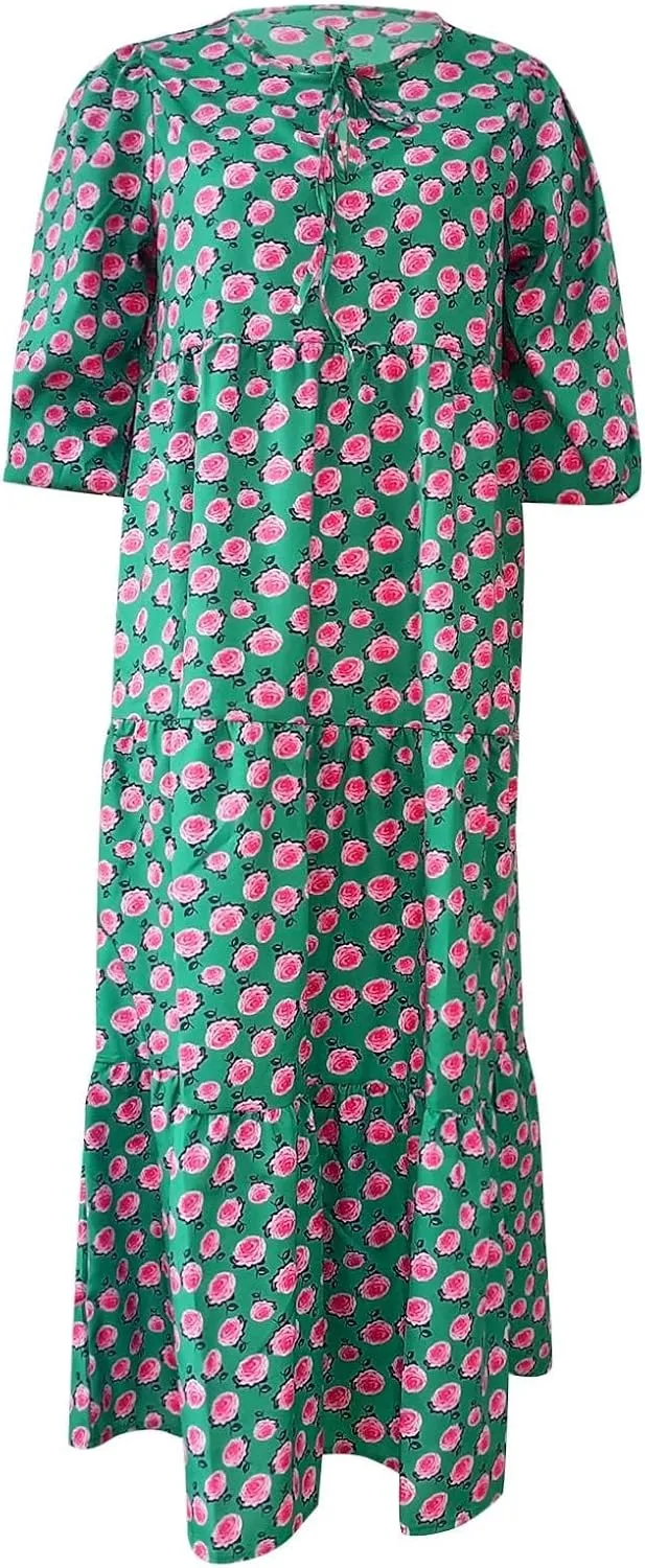 Women's Plus Size Floral Dress Printed Puffy Sleeve V-Neck Bohemian Beach Dresses Casual Flowing Sundress Maxi Dress