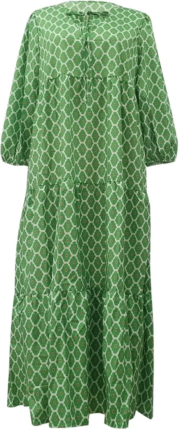 Women's Plus Size Floral Dress Printed Puffy Sleeve V-Neck Bohemian Beach Dresses Casual Flowing Sundress Maxi Dress