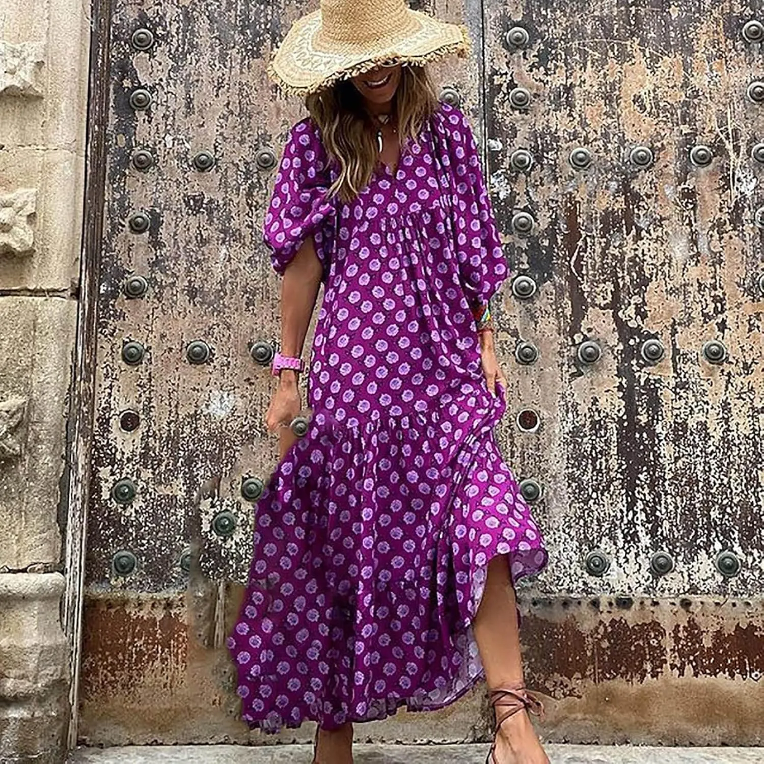 Women's Plus Size Floral Dress Printed Puffy Sleeve V-Neck Bohemian Beach Dresses Casual Flowing Sundress Maxi Dress