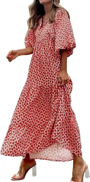 Women's Plus Size Floral Dress Printed Puffy Sleeve V-Neck Bohemian Beach Dresses Casual Flowing Sundress Maxi Dress