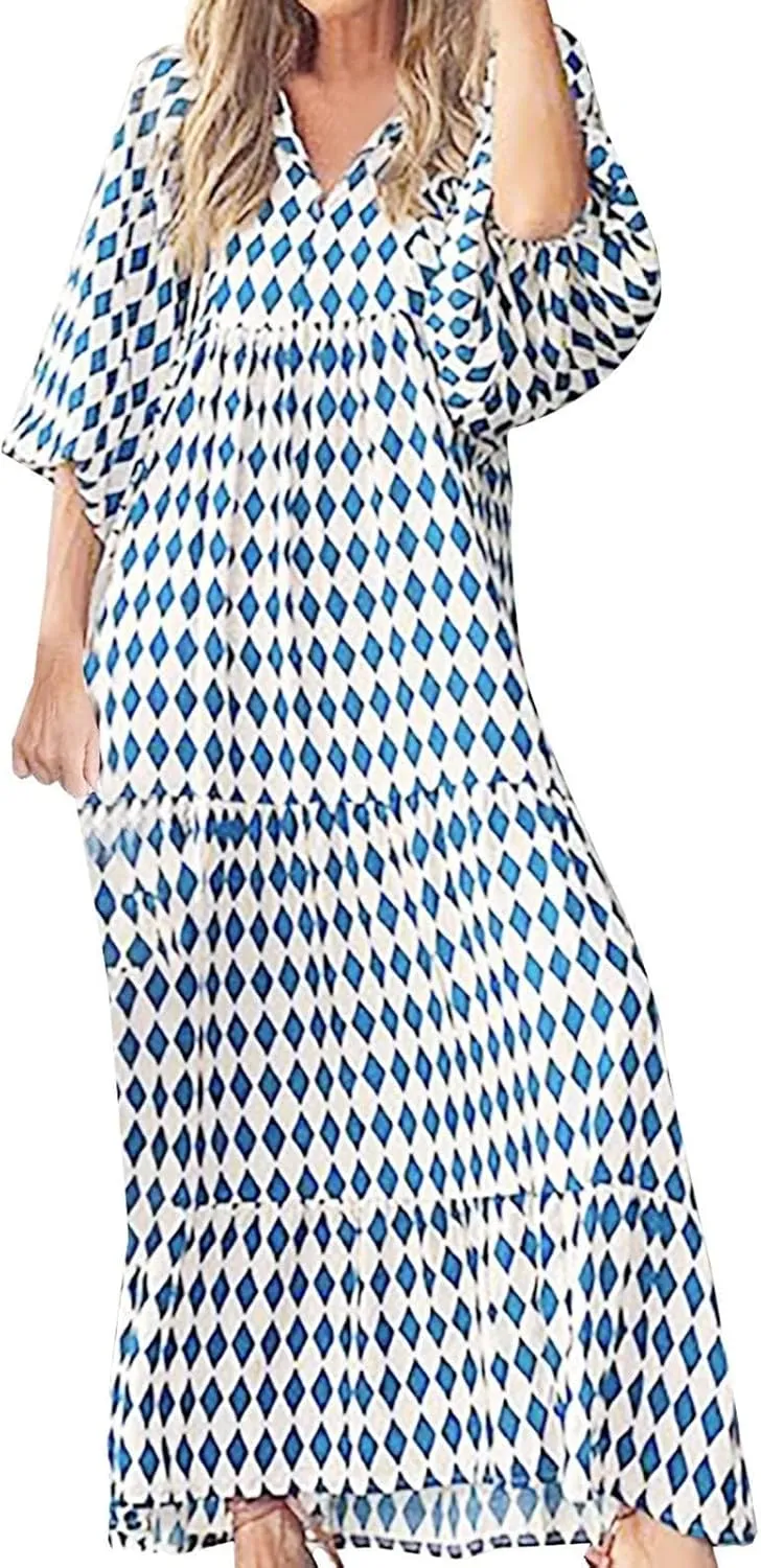 Women's Plus Size Floral Dress Printed Puffy Sleeve V-Neck Bohemian Beach Dresses Casual Flowing Sundress Maxi Dress