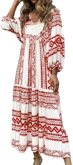 Women's Plus Size Floral Dress Printed Puffy Sleeve V-Neck Bohemian Beach Dresses Casual Flowing Sundress Maxi Dress