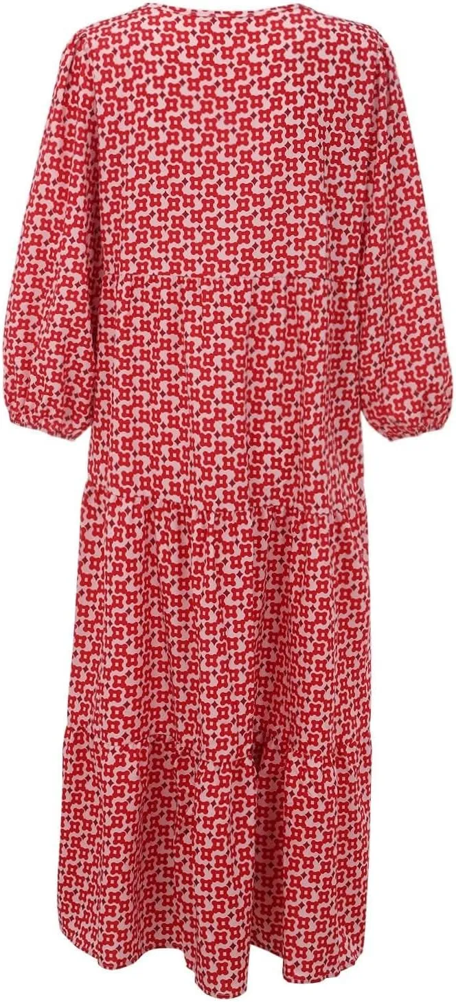 Women's Plus Size Floral Dress Printed Puffy Sleeve V-Neck Bohemian Beach Dresses Casual Flowing Sundress Maxi Dress