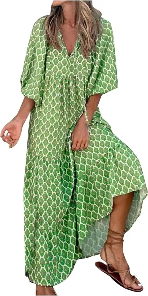 Women's Plus Size Floral Dress Printed Puffy Sleeve V-Neck Bohemian Beach Dresses Casual Flowing Sundress Maxi Dress