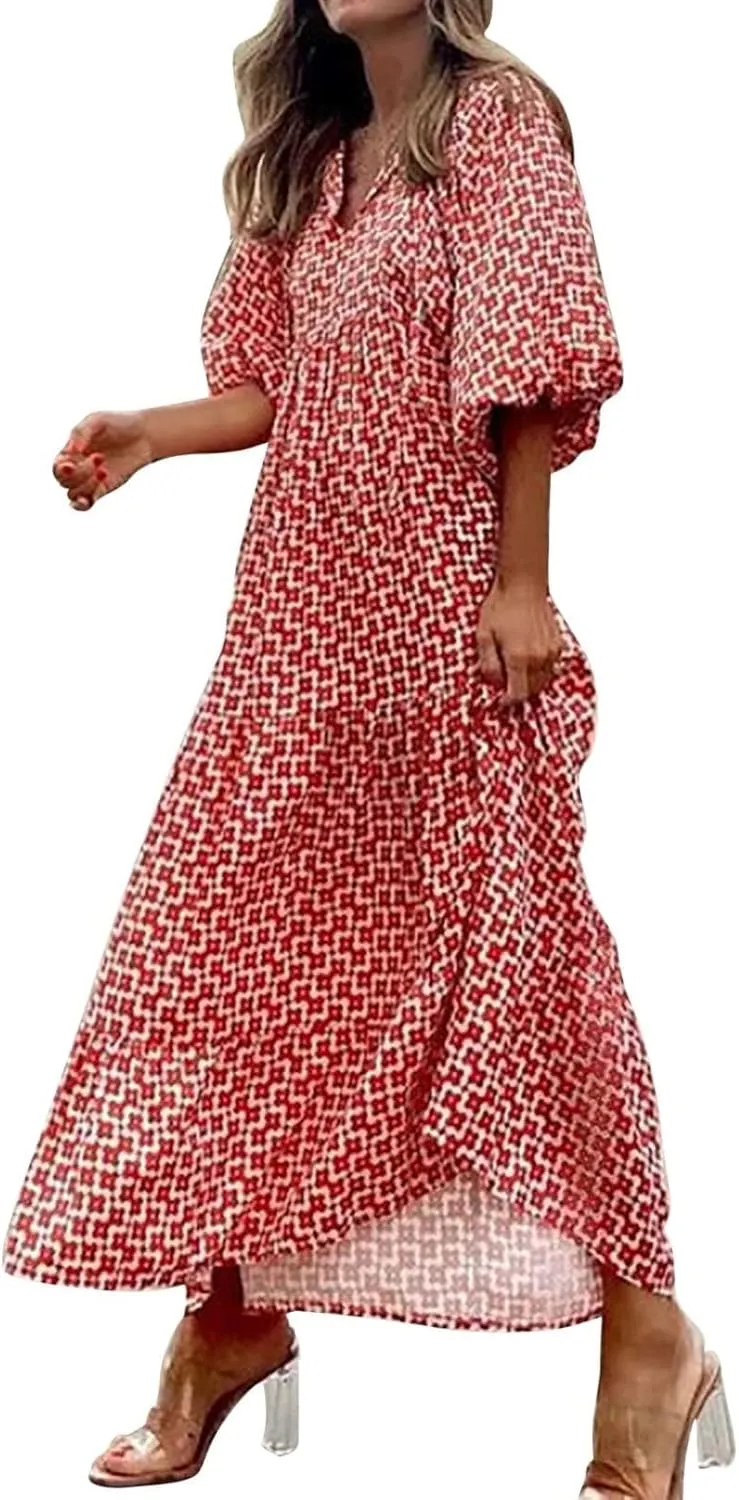Women's Plus Size Floral Dress Printed Puffy Sleeve V-Neck Bohemian Beach Dresses Casual Flowing Sundress Maxi Dress