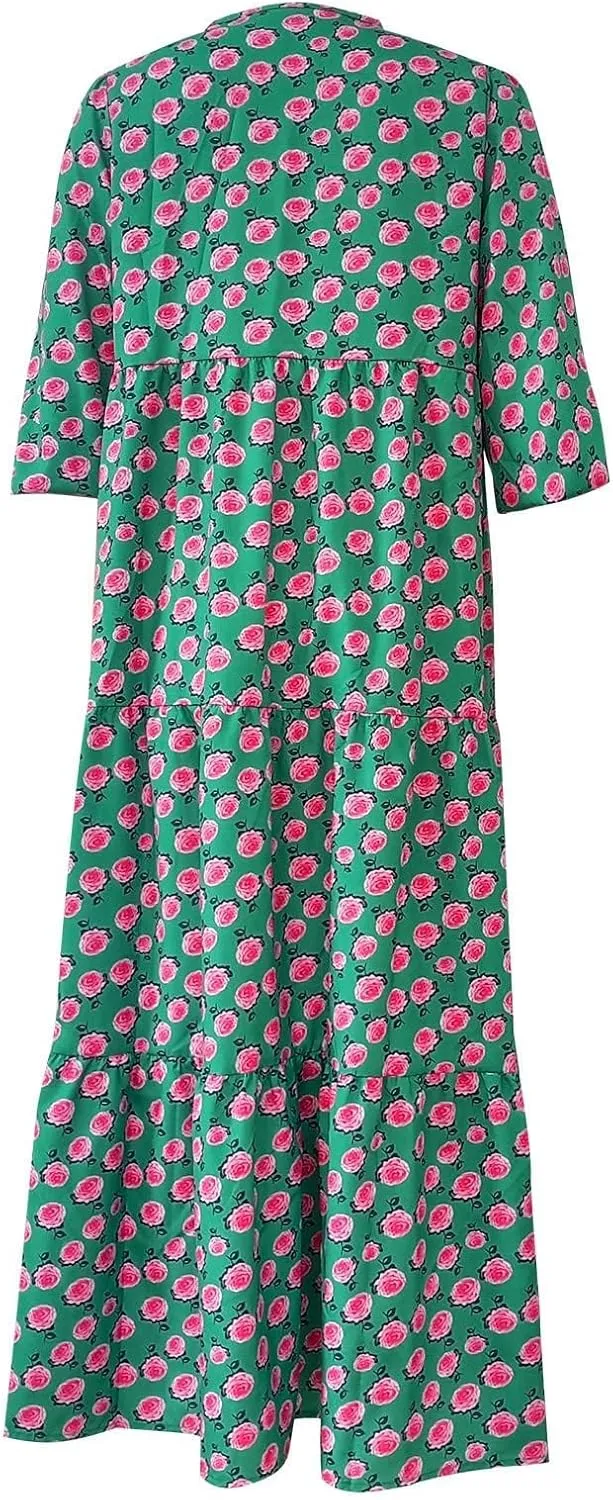 Women's Plus Size Floral Dress Printed Puffy Sleeve V-Neck Bohemian Beach Dresses Casual Flowing Sundress Maxi Dress