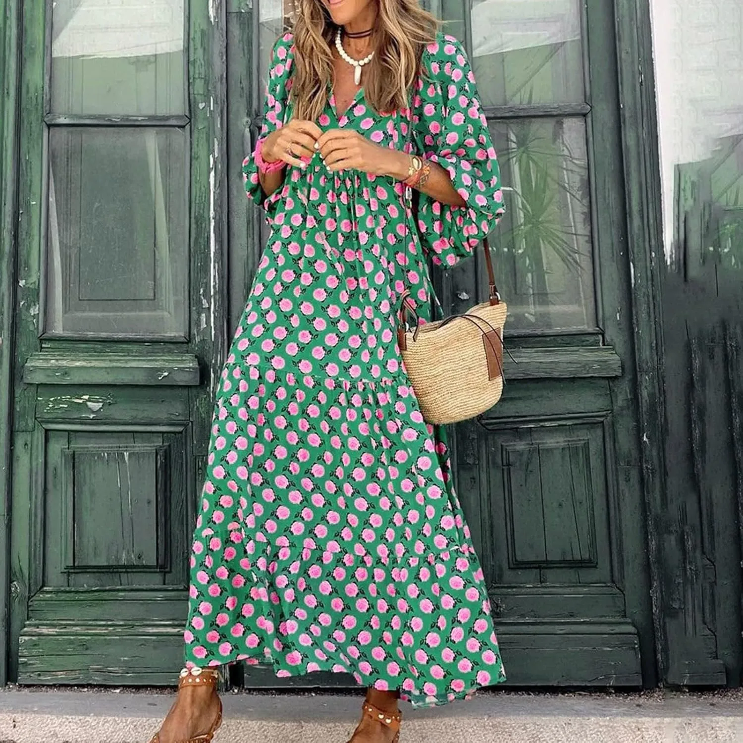 Women's Plus Size Floral Dress Printed Puffy Sleeve V-Neck Bohemian Beach Dresses Casual Flowing Sundress Maxi Dress