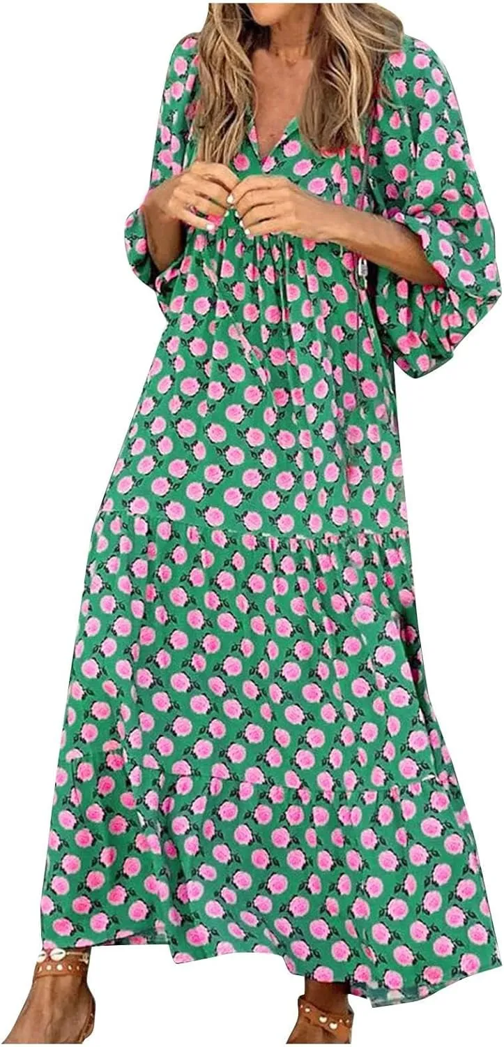 Women's Plus Size Floral Dress Printed Puffy Sleeve V-Neck Bohemian Beach Dresses Casual Flowing Sundress Maxi Dress
