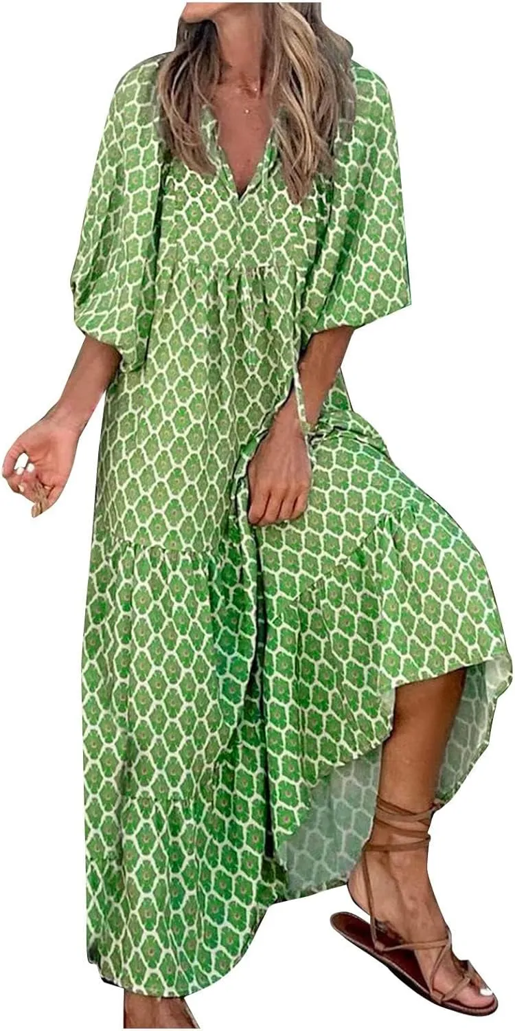 Women's Plus Size Floral Dress Printed Puffy Sleeve V-Neck Bohemian Beach Dresses Casual Flowing Sundress Maxi Dress