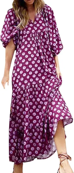 Women's Plus Size Floral Dress Printed Puffy Sleeve V-Neck Bohemian Beach Dresses Casual Flowing Sundress Maxi Dress