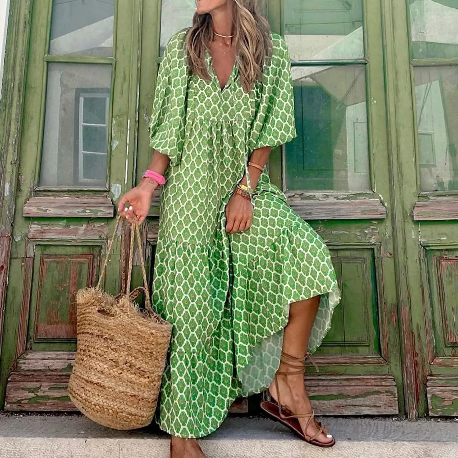 Women's Plus Size Floral Dress Printed Puffy Sleeve V-Neck Bohemian Beach Dresses Casual Flowing Sundress Maxi Dress