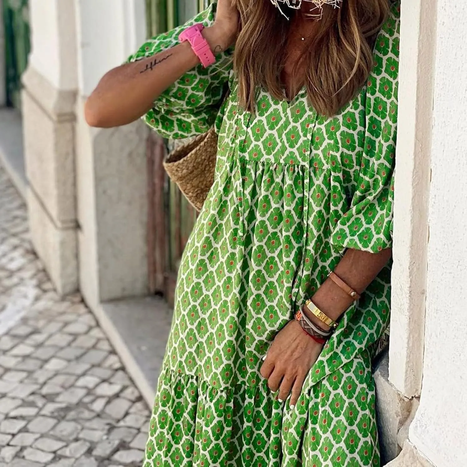 Women's Plus Size Floral Dress Printed Puffy Sleeve V-Neck Bohemian Beach Dresses Casual Flowing Sundress Maxi Dress