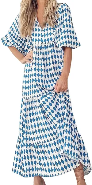 Women's Plus Size Floral Dress Printed Puffy Sleeve V-Neck Bohemian Beach Dresses Casual Flowing Sundress Maxi Dress