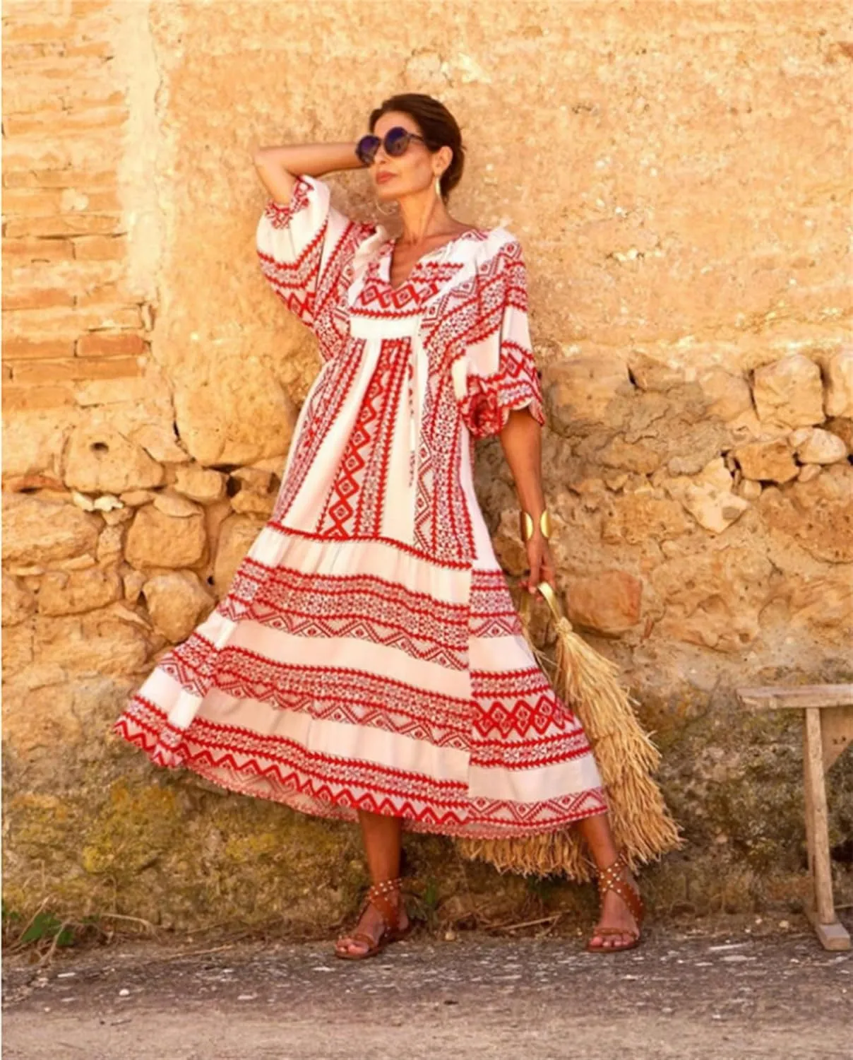 Women's Plus Size Floral Dress Printed Puffy Sleeve V-Neck Bohemian Beach Dresses Casual Flowing Sundress Maxi Dress