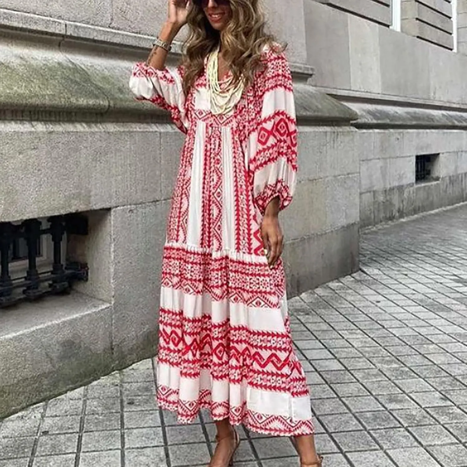 Women's Plus Size Floral Dress Printed Puffy Sleeve V-Neck Bohemian Beach Dresses Casual Flowing Sundress Maxi Dress