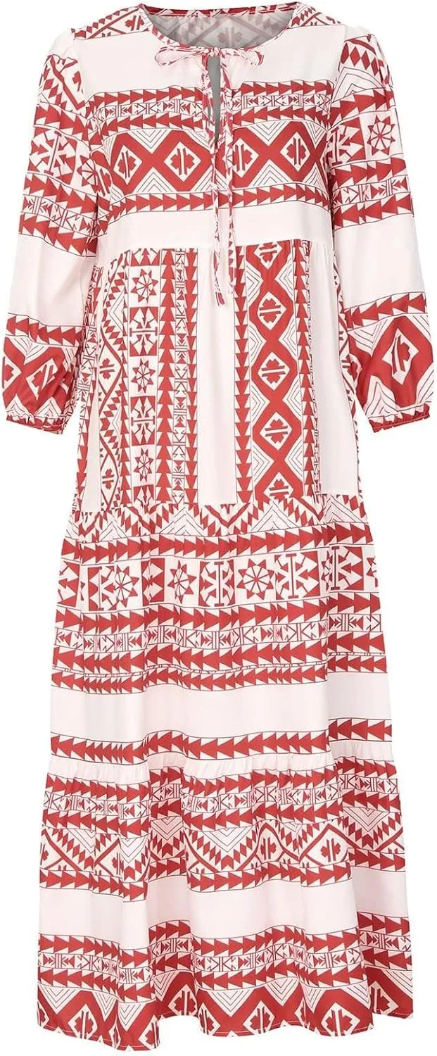 Women's Plus Size Floral Dress Printed Puffy Sleeve V-Neck Bohemian Beach Dresses Casual Flowing Sundress Maxi Dress