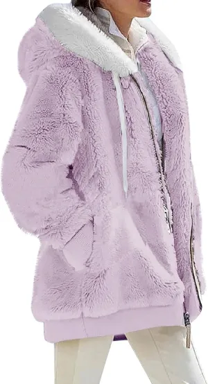 Womens Plus Size Fuzzy Fleece Jacket Winter Full Zip Plush Hooded Cardigan Coats Soft Oversized Shaggy Warm Outerwear