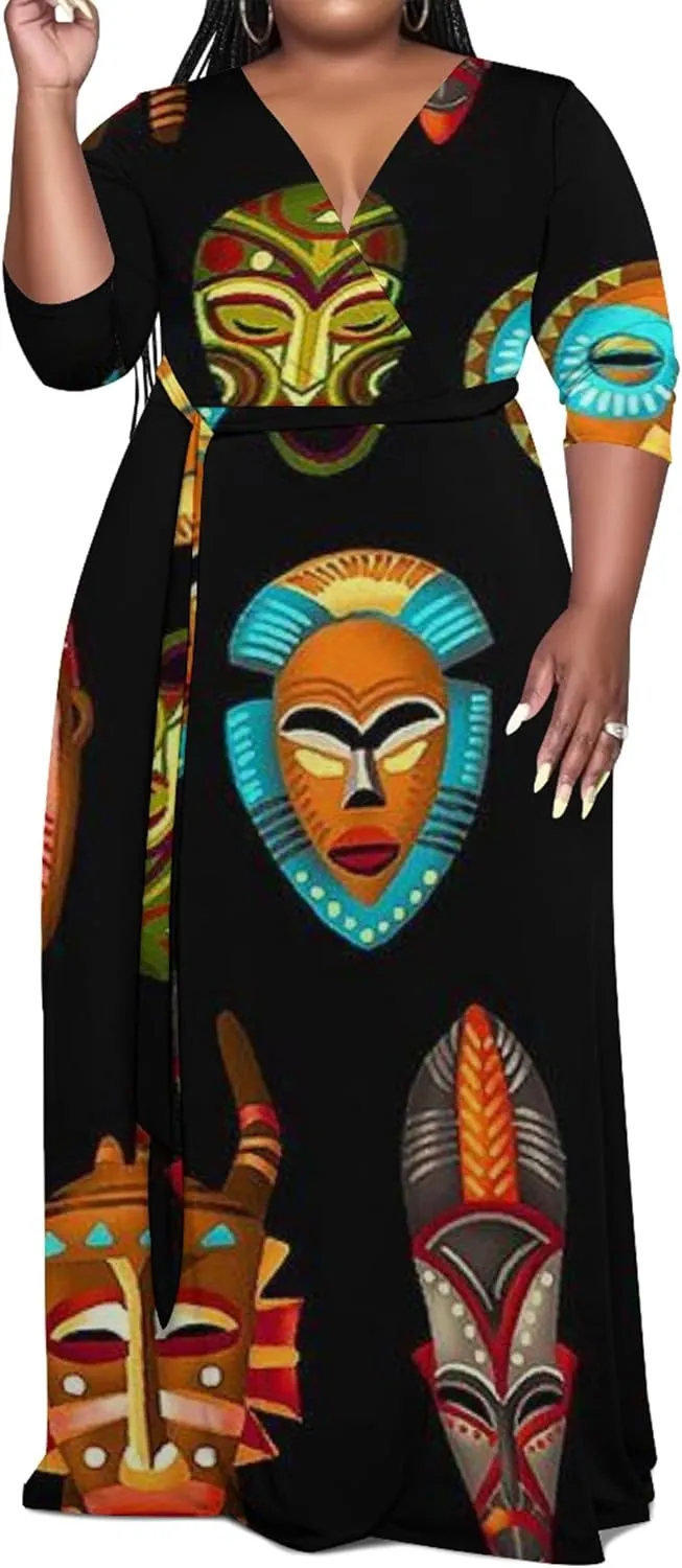 Women's Plus Size Maxi Dress Summer Casual 3/4 Sleeve African Style Fashion V Neck Sexy Flowing Dress with Belt