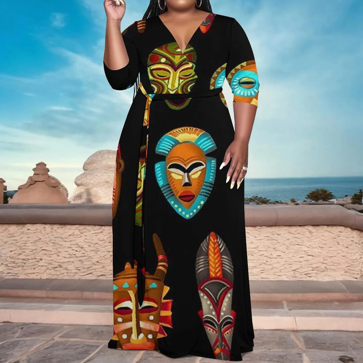 Women's Plus Size Maxi Dress Summer Casual 3/4 Sleeve African Style Fashion V Neck Sexy Flowing Dress with Belt