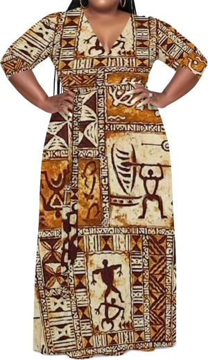 Women's Plus Size Maxi Dress Summer Casual 3/4 Sleeve African Style Fashion V Neck Sexy Flowing Dress with Belt