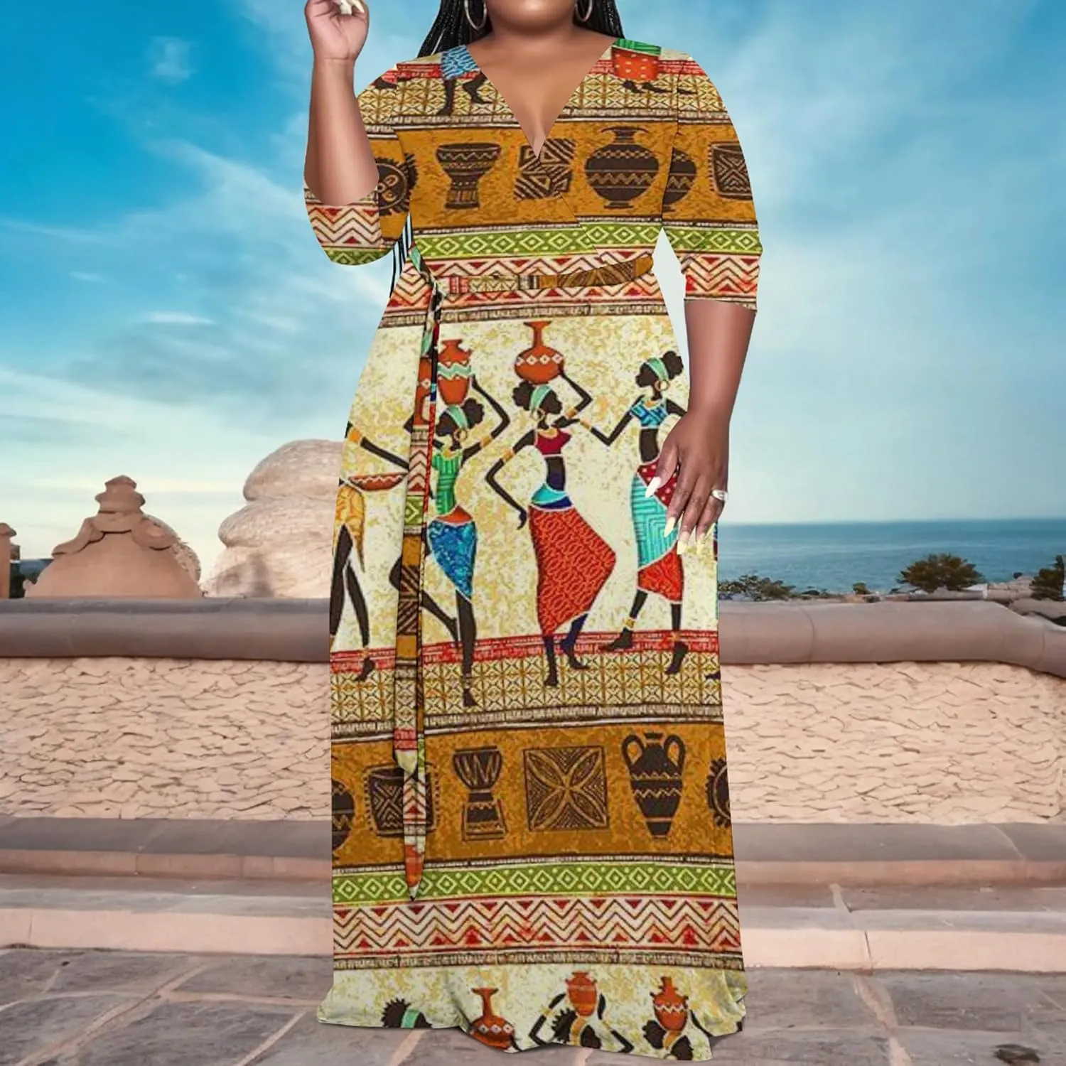 Women's Plus Size Maxi Dress Summer Casual 3/4 Sleeve African Style Fashion V Neck Sexy Flowing Dress with Belt