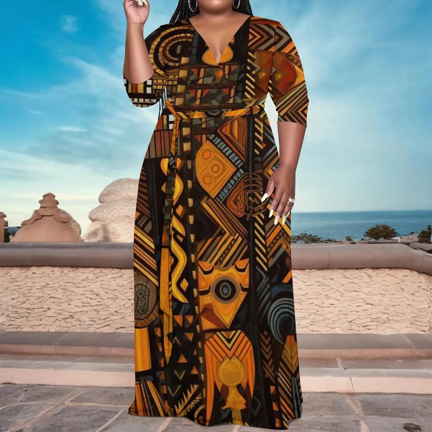 Women's Plus Size Maxi Dress Summer Casual 3/4 Sleeve African Style Fashion V Neck Sexy Flowing Dress with Belt