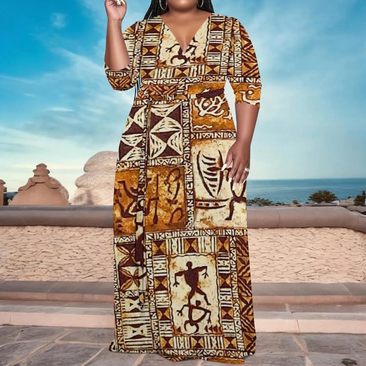 Women's Plus Size Maxi Dress Summer Casual 3/4 Sleeve African Style Fashion V Neck Sexy Flowing Dress with Belt