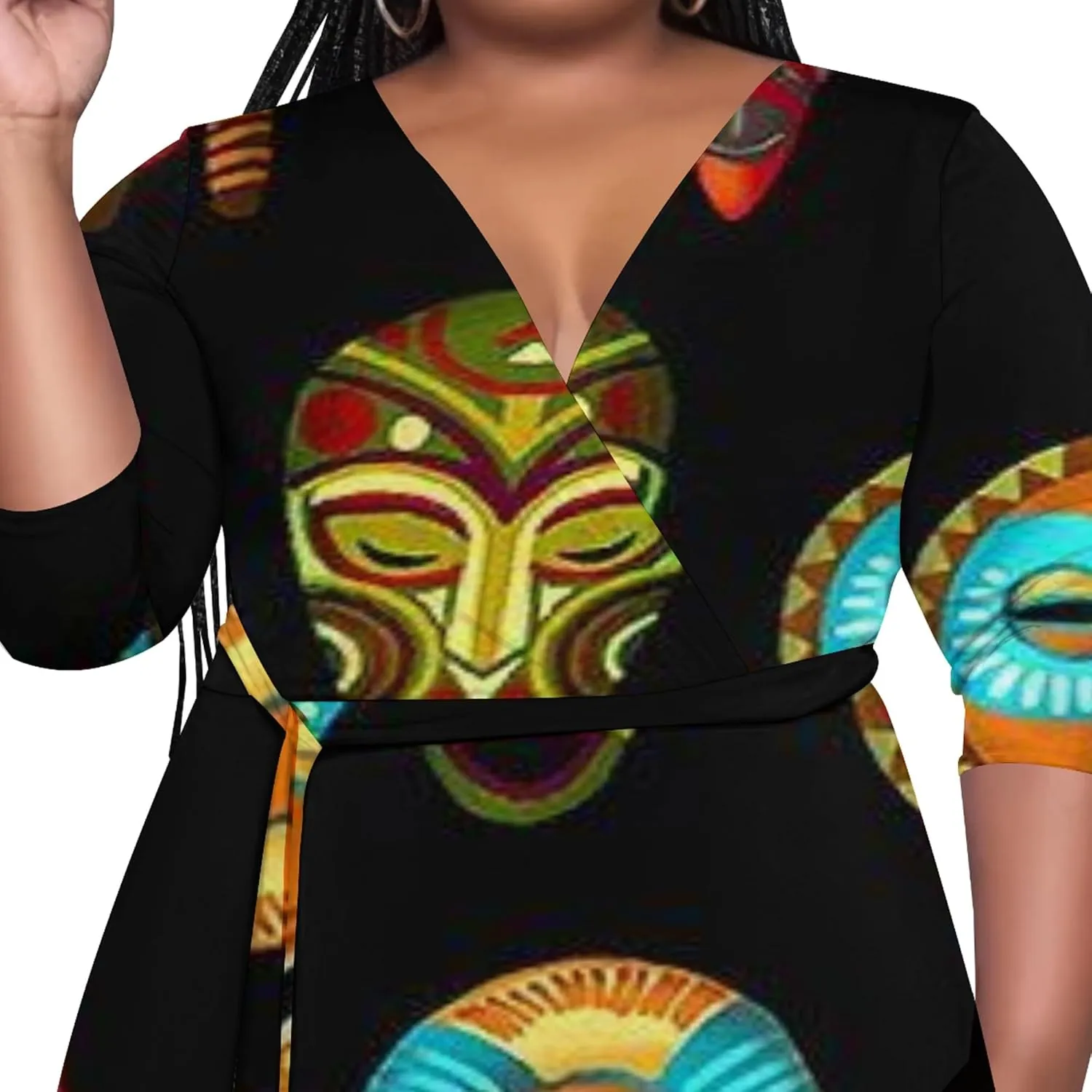 Women's Plus Size Maxi Dress Summer Casual 3/4 Sleeve African Style Fashion V Neck Sexy Flowing Dress with Belt