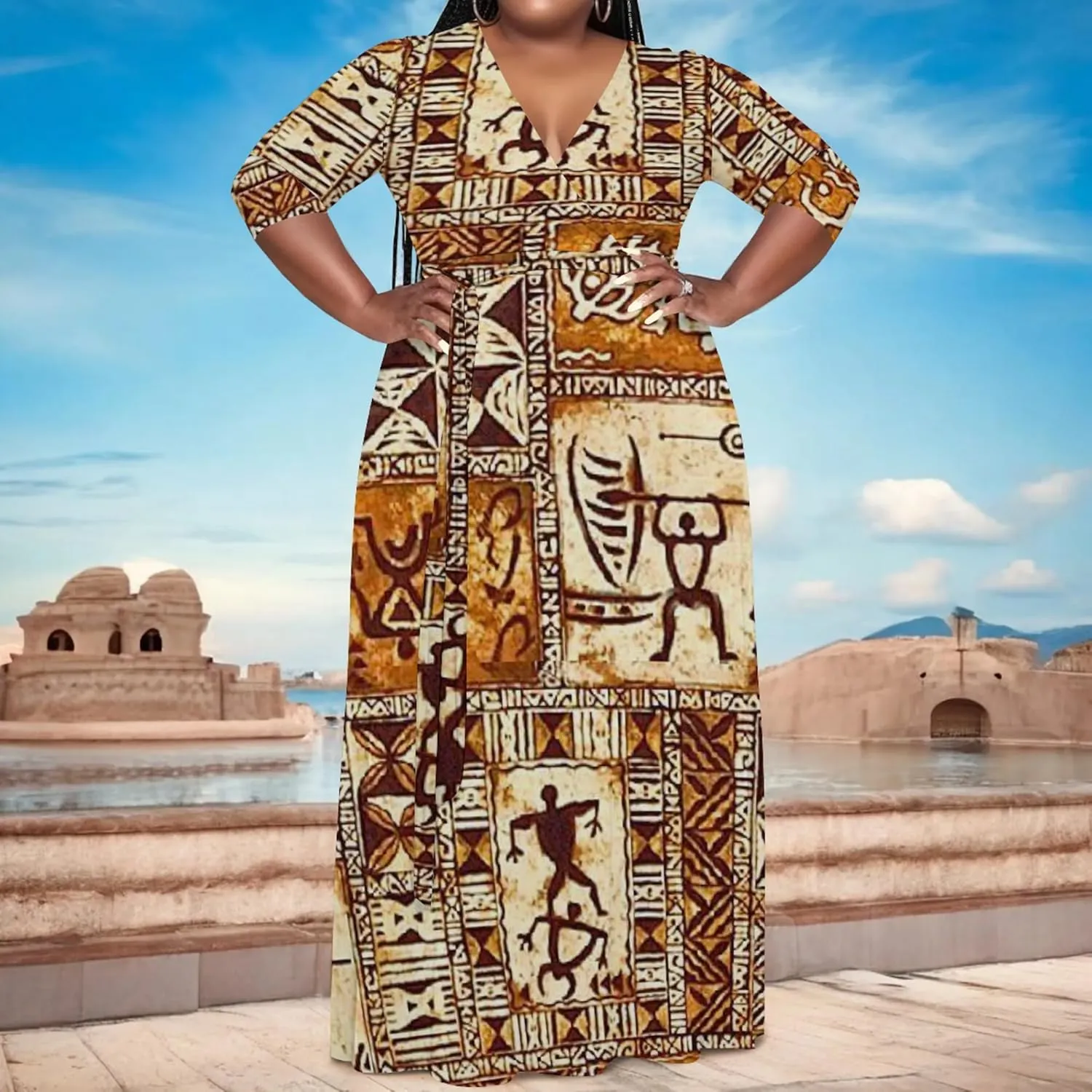 Women's Plus Size Maxi Dress Summer Casual 3/4 Sleeve African Style Fashion V Neck Sexy Flowing Dress with Belt