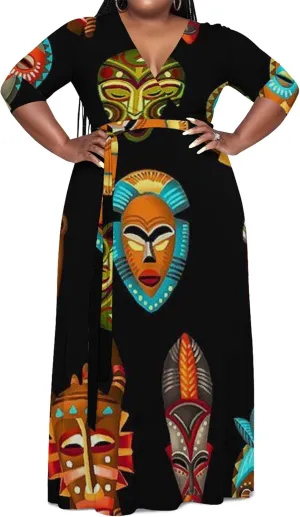 Women's Plus Size Maxi Dress Summer Casual 3/4 Sleeve African Style Fashion V Neck Sexy Flowing Dress with Belt