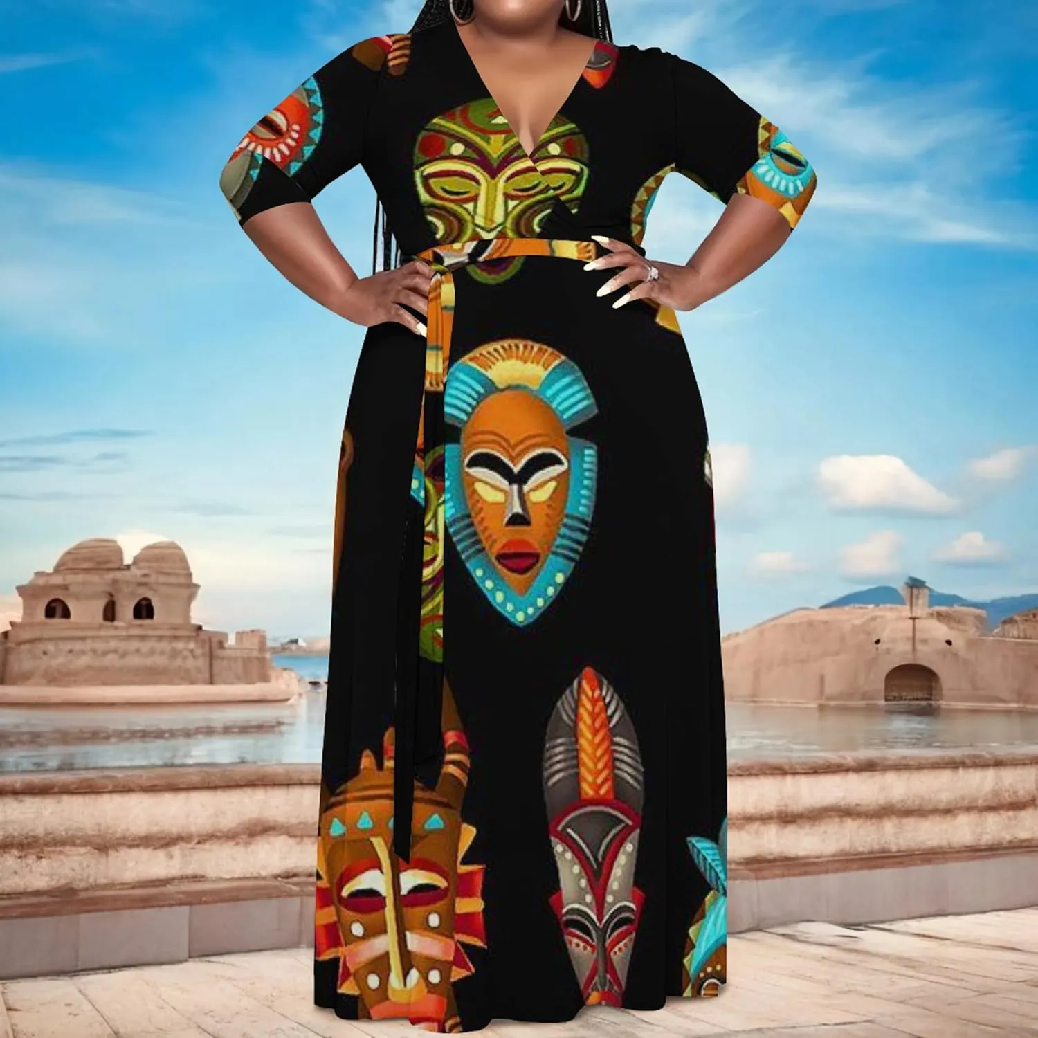 Women's Plus Size Maxi Dress Summer Casual 3/4 Sleeve African Style Fashion V Neck Sexy Flowing Dress with Belt