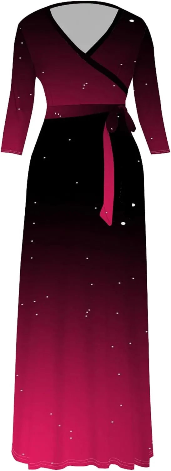 Women's Plus Size Summer Dress Sexy V Neck Midi Dress Floral Flowing Maxi Dress Ombre Casual Sundress with Belt