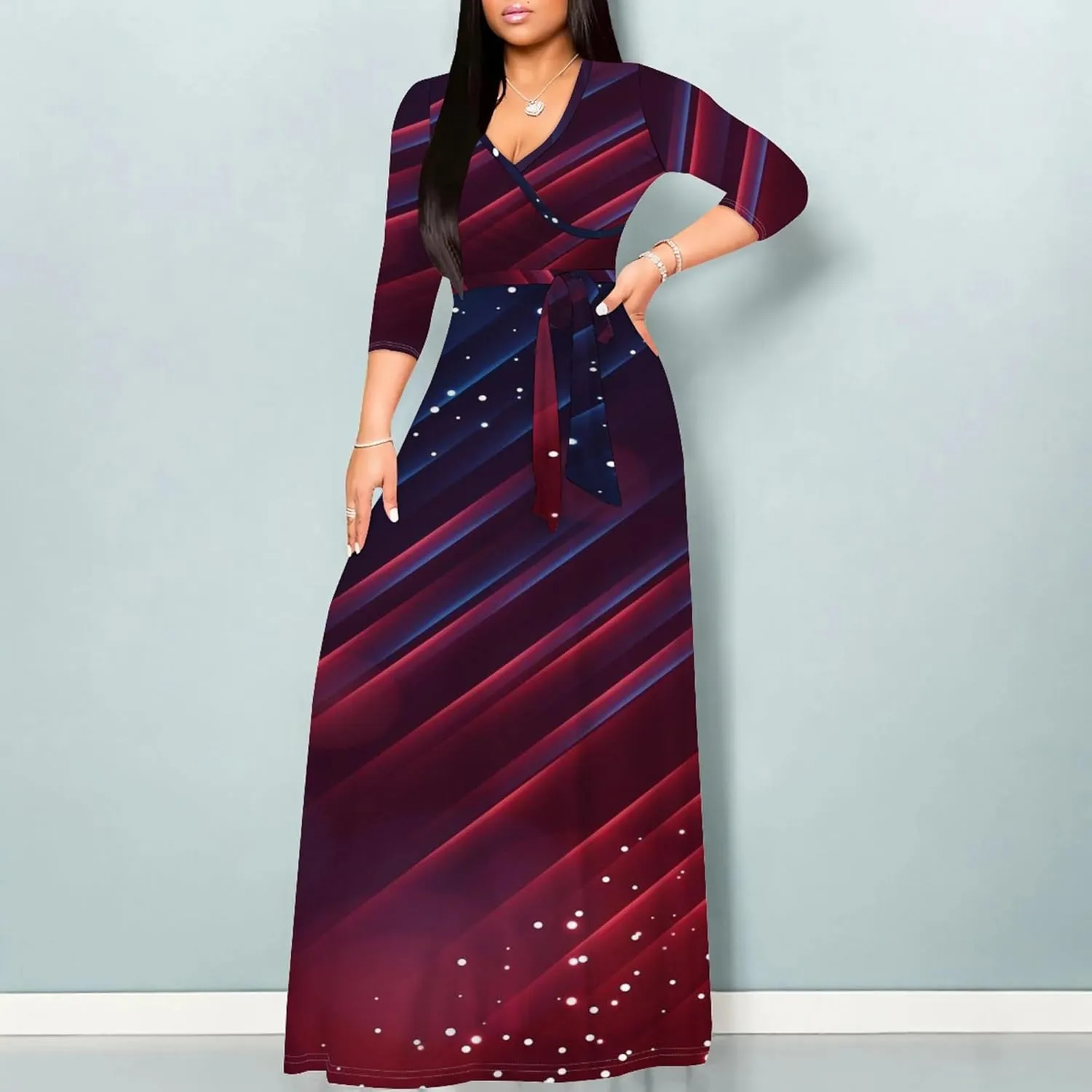Women's Plus Size Summer Dress Sexy V Neck Midi Dress Floral Flowing Maxi Dress Ombre Casual Sundress with Belt