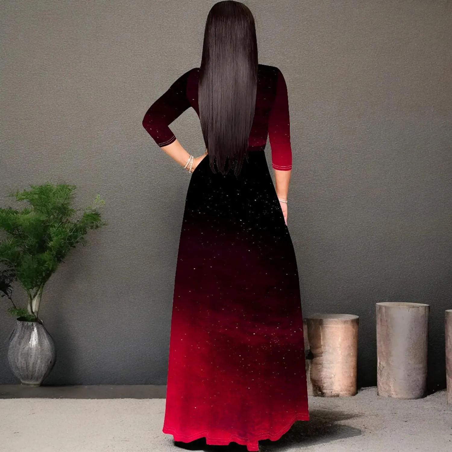 Women's Plus Size Summer Dress Sexy V Neck Midi Dress Floral Flowing Maxi Dress Ombre Casual Sundress with Belt