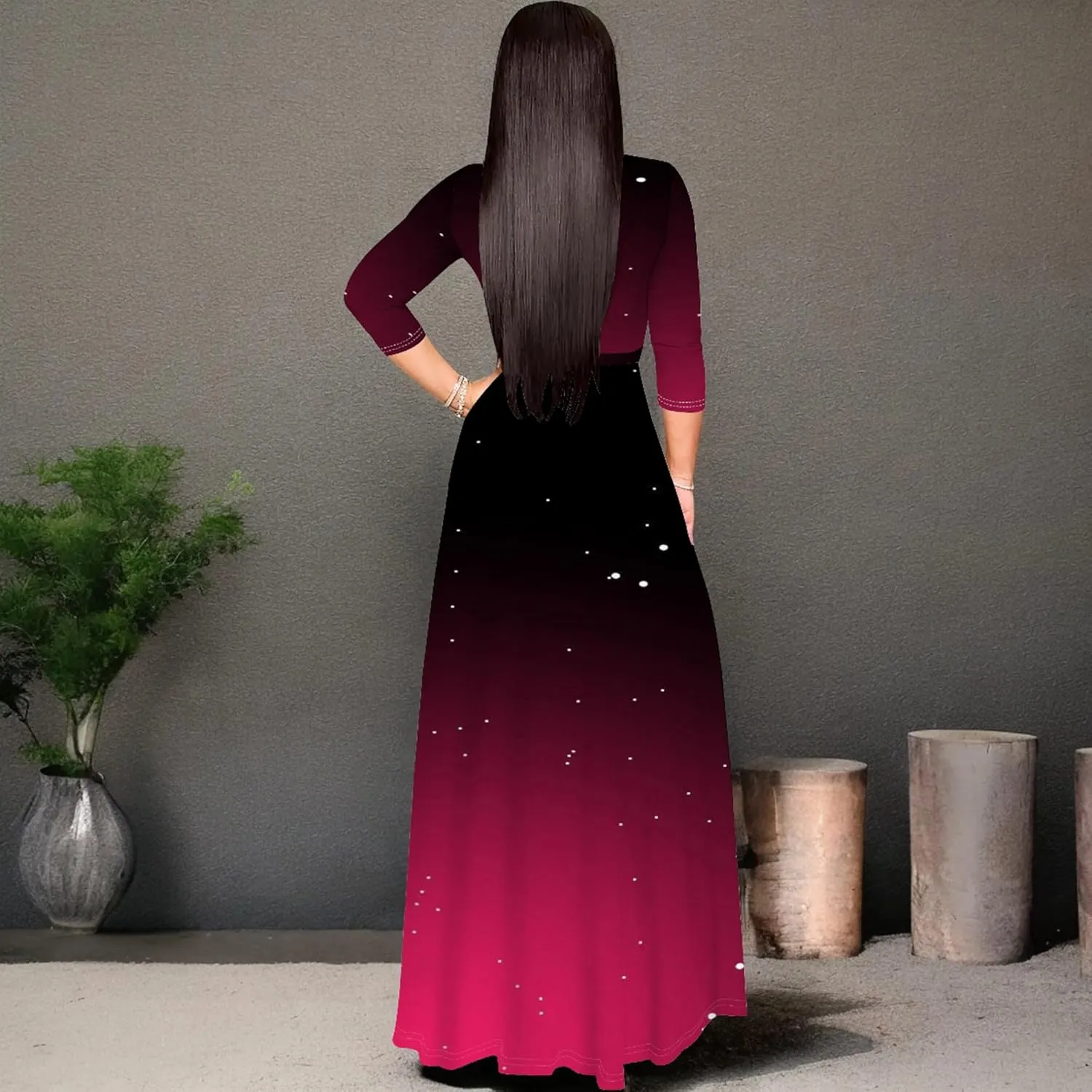Women's Plus Size Summer Dress Sexy V Neck Midi Dress Floral Flowing Maxi Dress Ombre Casual Sundress with Belt