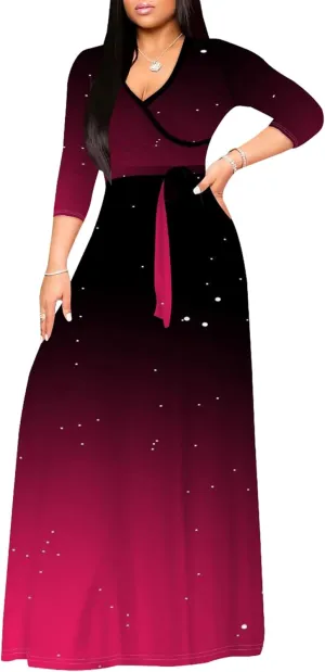 Women's Plus Size Summer Dress Sexy V Neck Midi Dress Floral Flowing Maxi Dress Ombre Casual Sundress with Belt