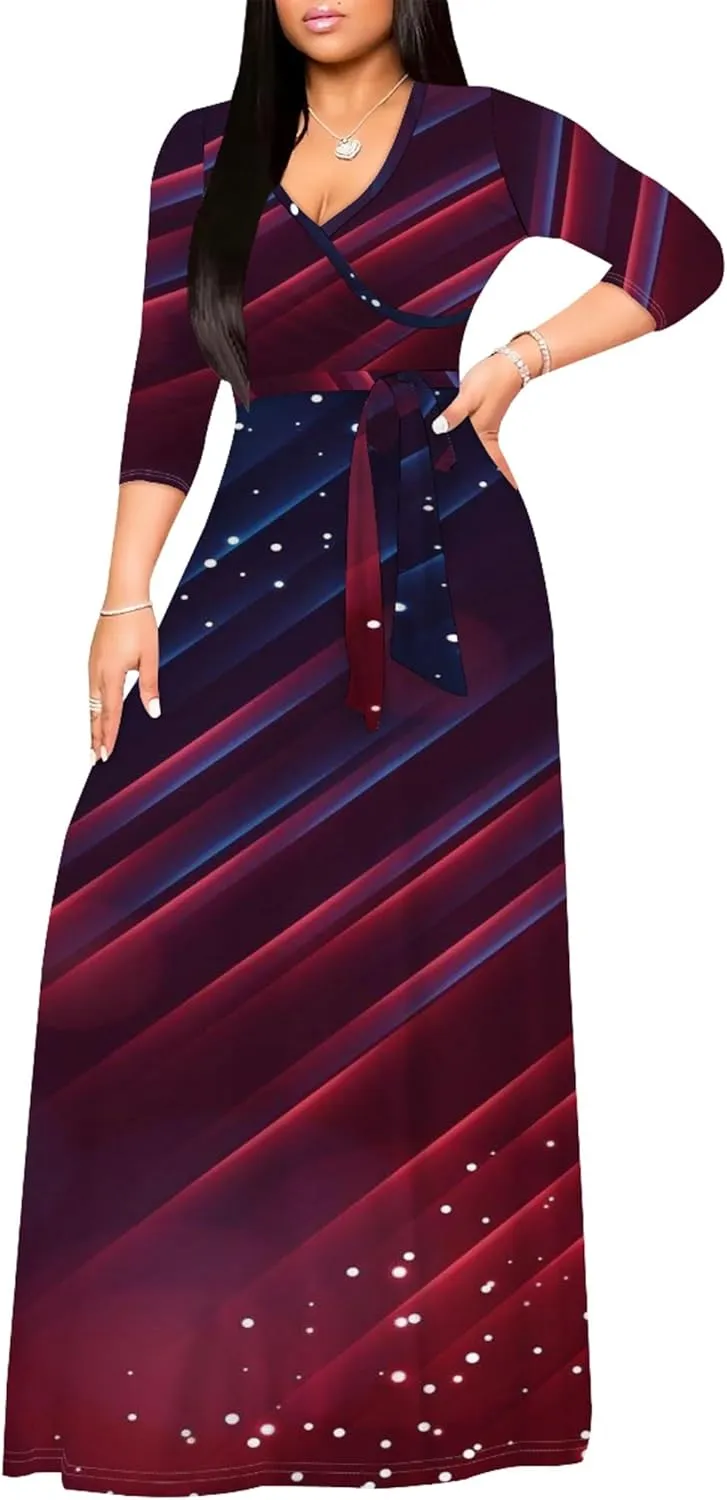 Women's Plus Size Summer Dress Sexy V Neck Midi Dress Floral Flowing Maxi Dress Ombre Casual Sundress with Belt