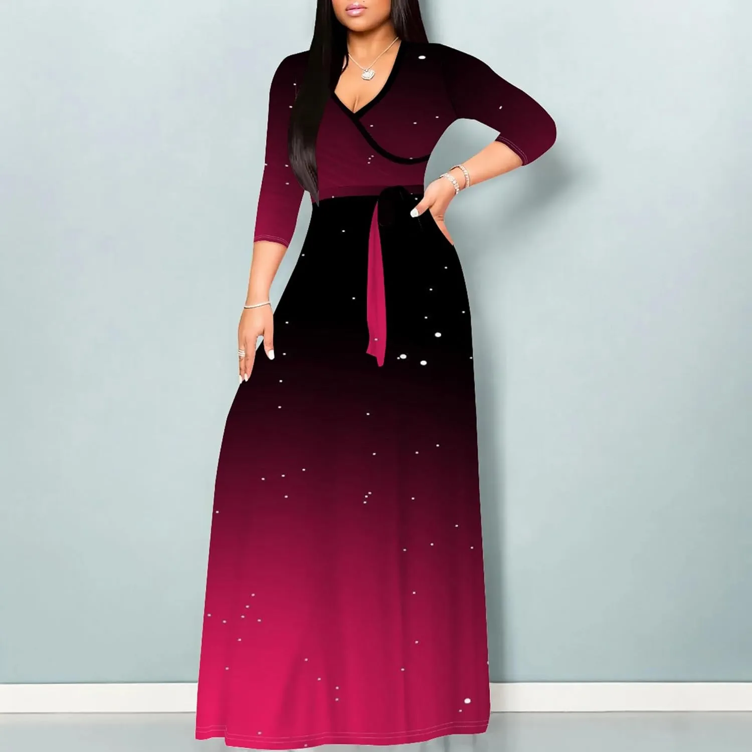 Women's Plus Size Summer Dress Sexy V Neck Midi Dress Floral Flowing Maxi Dress Ombre Casual Sundress with Belt