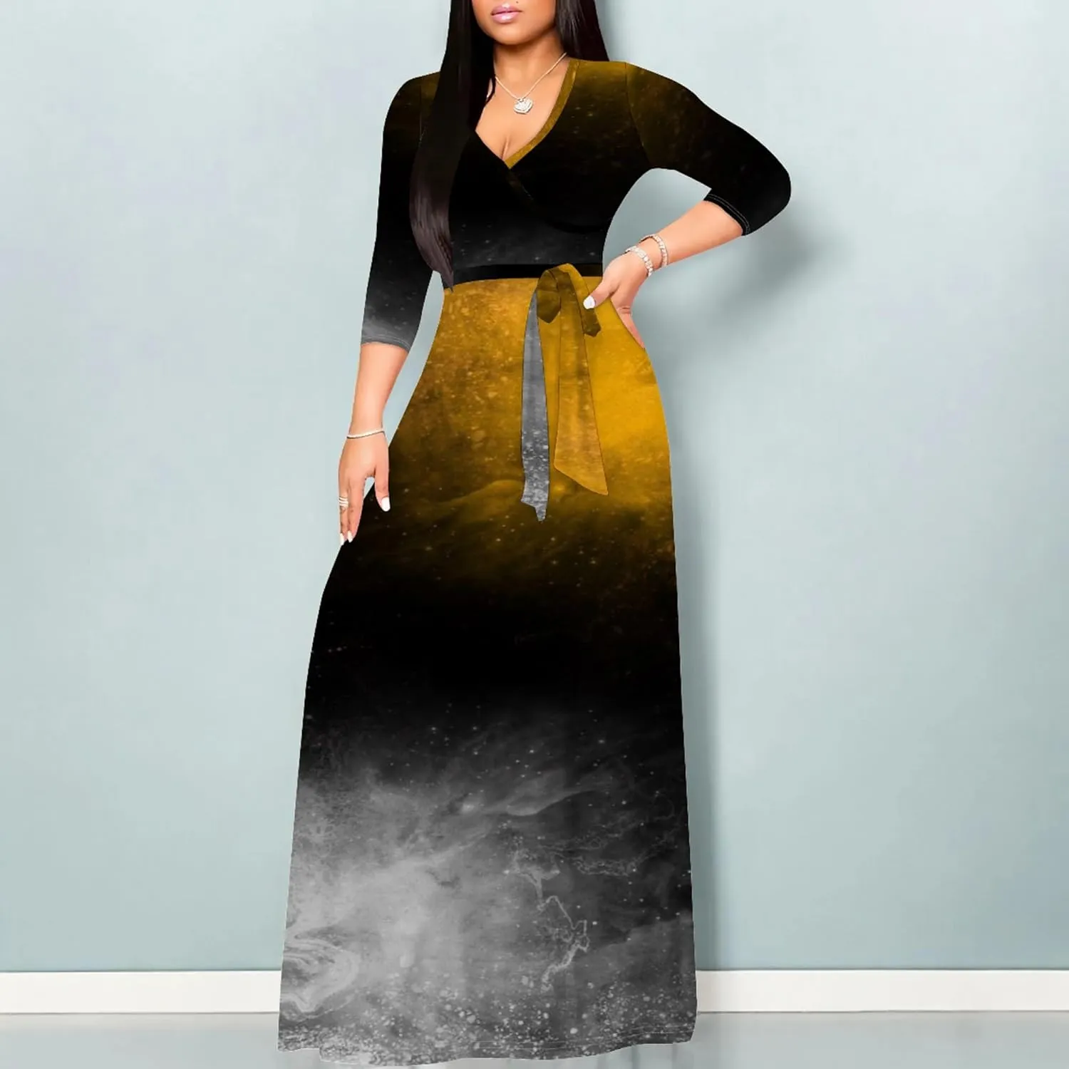 Women's Plus Size Summer Dress Sexy V Neck Midi Dress Floral Flowing Maxi Dress Ombre Casual Sundress with Belt